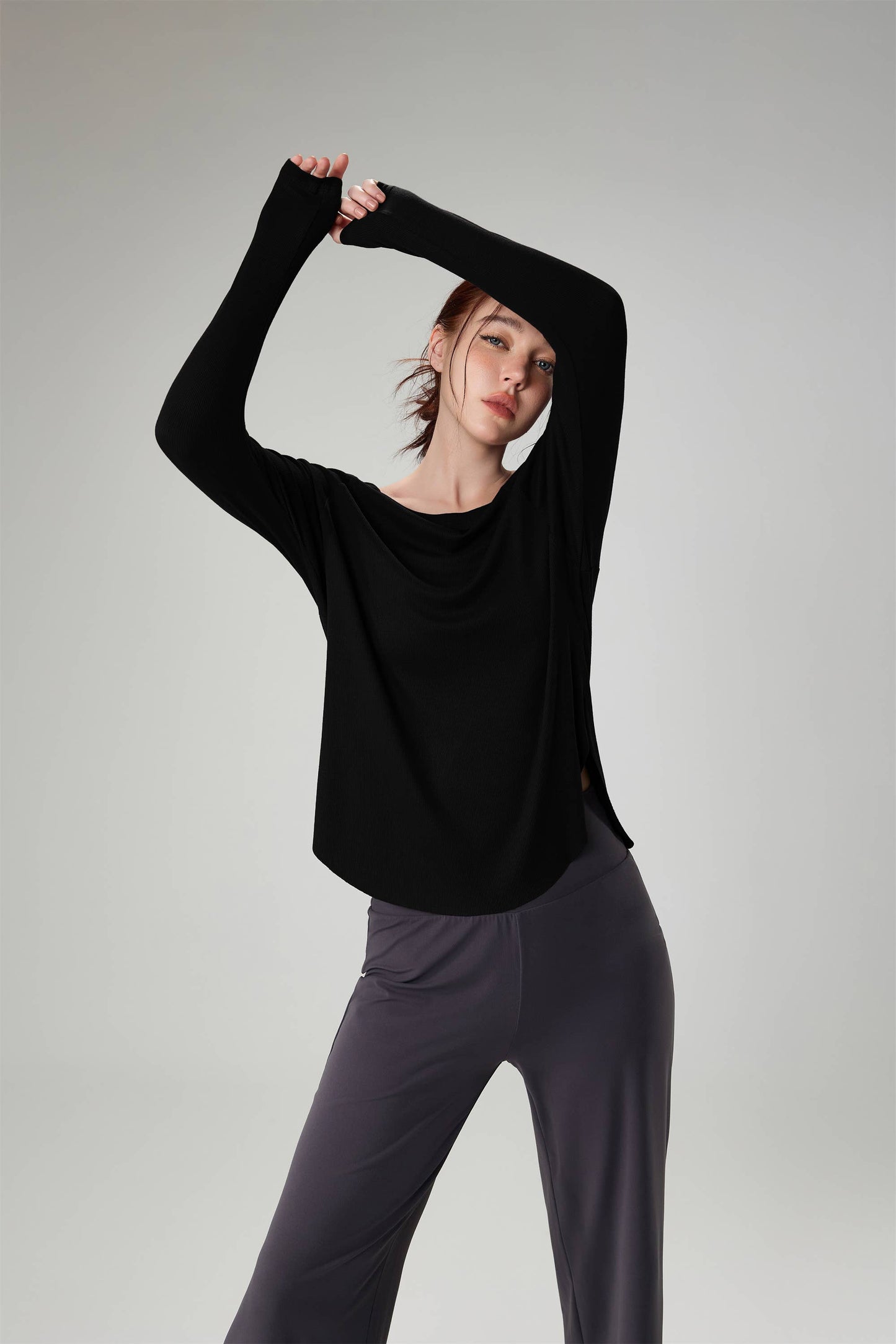 Solene Boat Neck Ribbed Long Sleeve Active Top