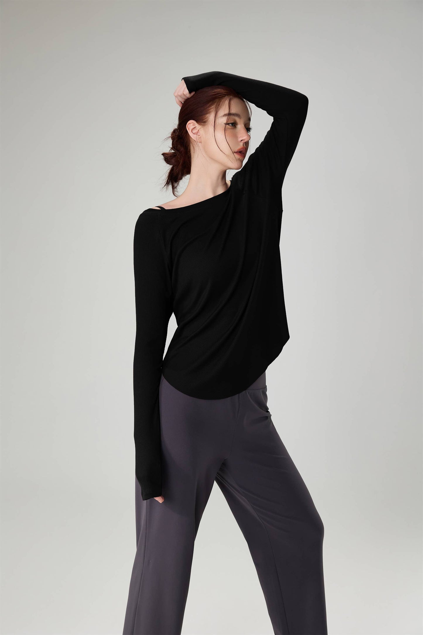 Solene Boat Neck Ribbed Long Sleeve Active Top