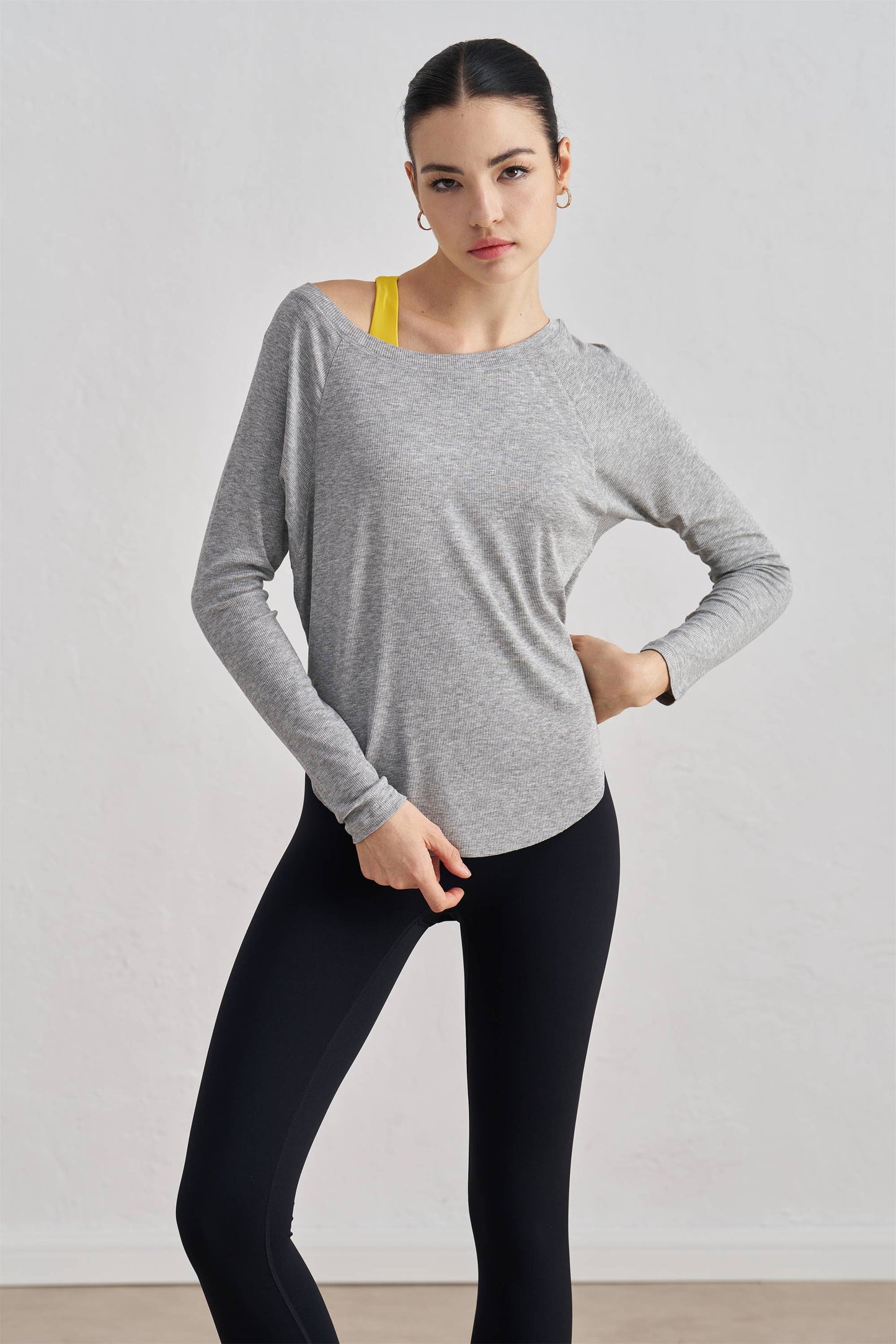 Solene Boat Neck Ribbed Long Sleeve Active Top