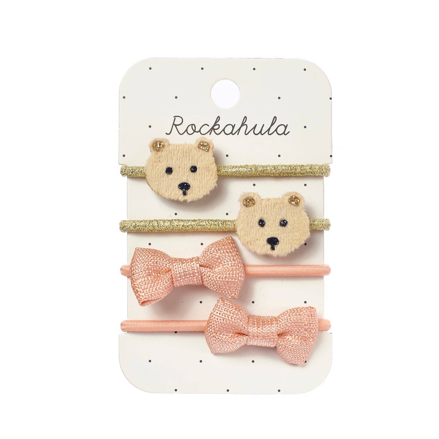 Set of bear-shaped hair clips with pink bows on a Rockahula branded card.