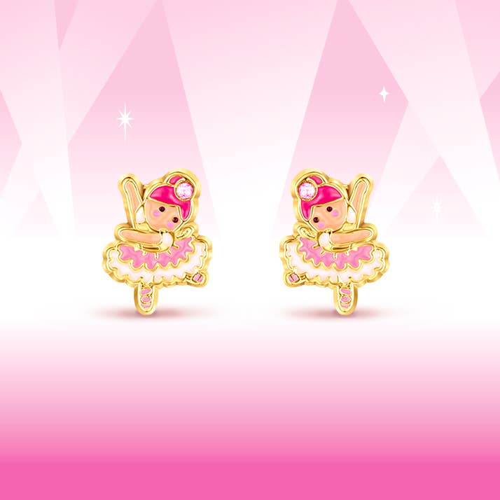 Gold and pink ballet dancer earrings on a pink background