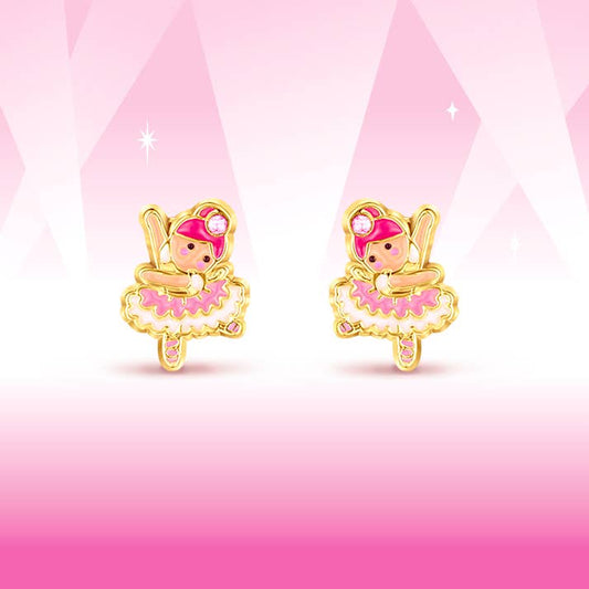 Gold and pink ballet dancer earrings on a pink background